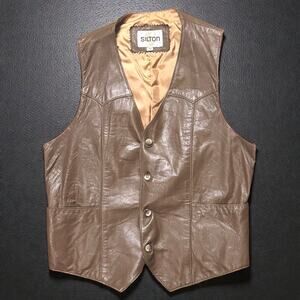 VTG Silton Leather Western Vest Unisex Tan Button Up Cowboy Cowgirl Sz 40 READ